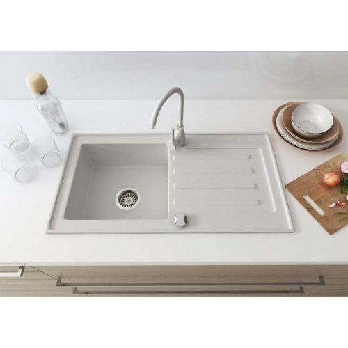 aranżacja zlewozmywak granitowy 1 komorowy z ociekaczem biały