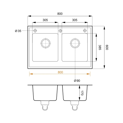 rysunek techniczny zlewozmywak 2 komorowy nablatowy Suma