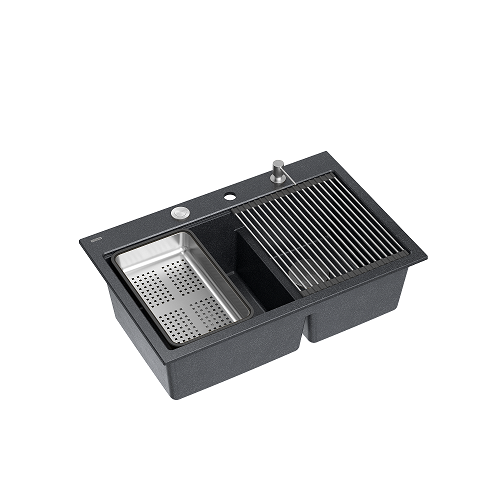 zlewozmywak 2 komorowy granitowy nablatowy 76x80cm czarny z brokatem