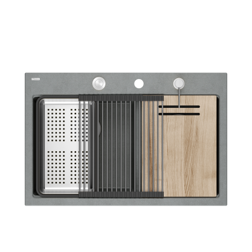 zlewozmywak 2 komorowy granitowy nablatowy 76x80cm szary