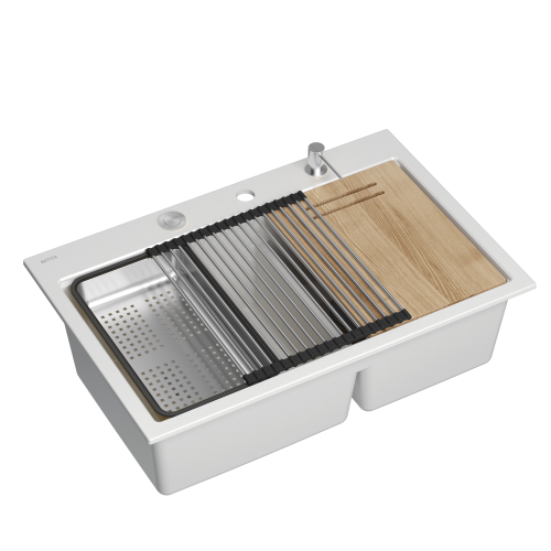 zlewozmywak 2 komorowy granitowy nablatowy 76x80cm biały