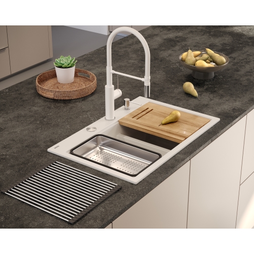 zlewozmywak 2 komorowy granitowy nablatowy 76x80cm biały