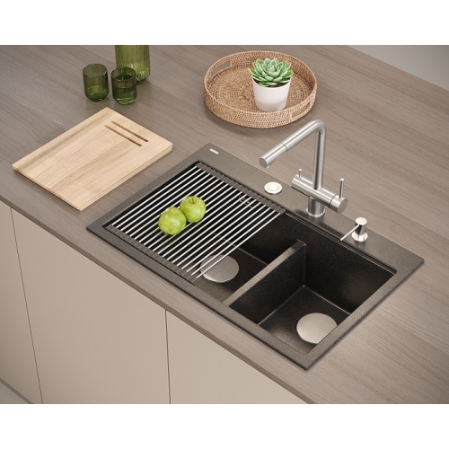 zlewozmywak 2 komorowy granitowy nablatowy 76x80cm czarny z broktatem