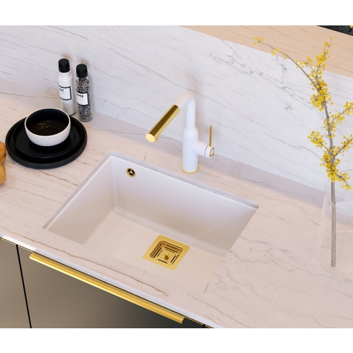 Bateria kuchenna biała z elementami złota Angelina z wyciąganą wylewką