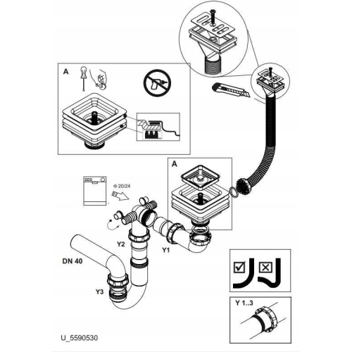 rysunek techniczny syfon złoty manualny kwadratowy