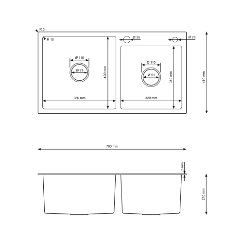 Rysunek techniczny zlewozmywak Olek stalowy dwukomorowy